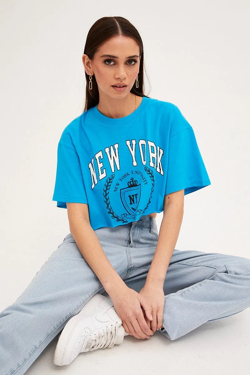 Blue Crop T Shirt Short Sleeve Crew Neck New York Outdoor Fashion