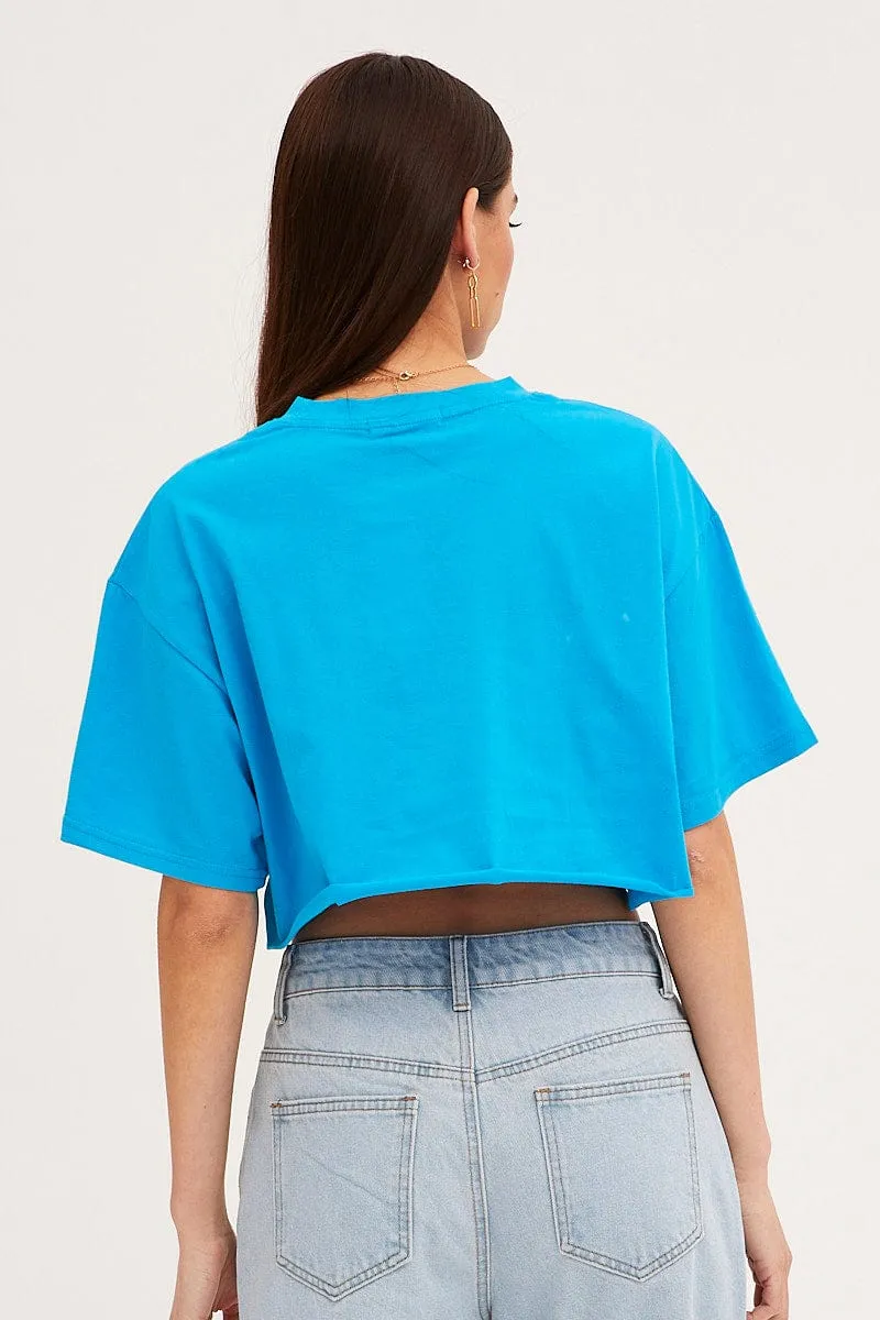 Minimalist purity Blue Crop T Shirt Short Sleeve Crew Neck New York