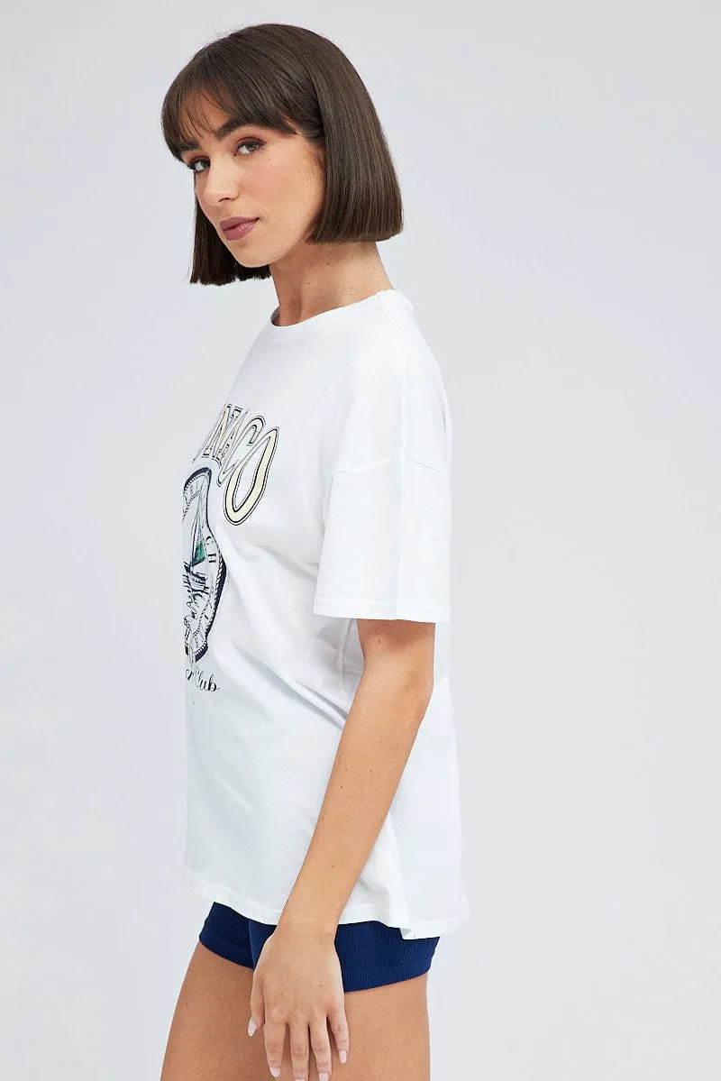 White Print Graphic Tee Monaco Yacht Club Slogan T-shirt Smart Fit Smart Wear