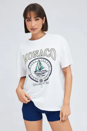 White Print Graphic Tee Monaco Yacht Club Slogan T-shirt Trendy