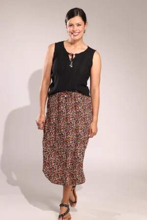 Easy Care Curved hemline Skirt | Spice Black Mini Floral | 3362A1