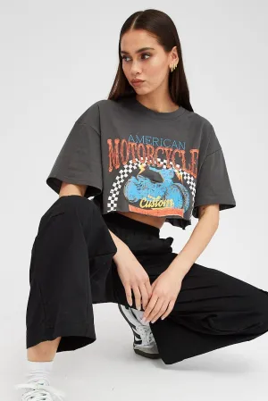 Grey Motocross Tee Biker Racing Graphic Crop T-shirt Rayon blend Bold Design