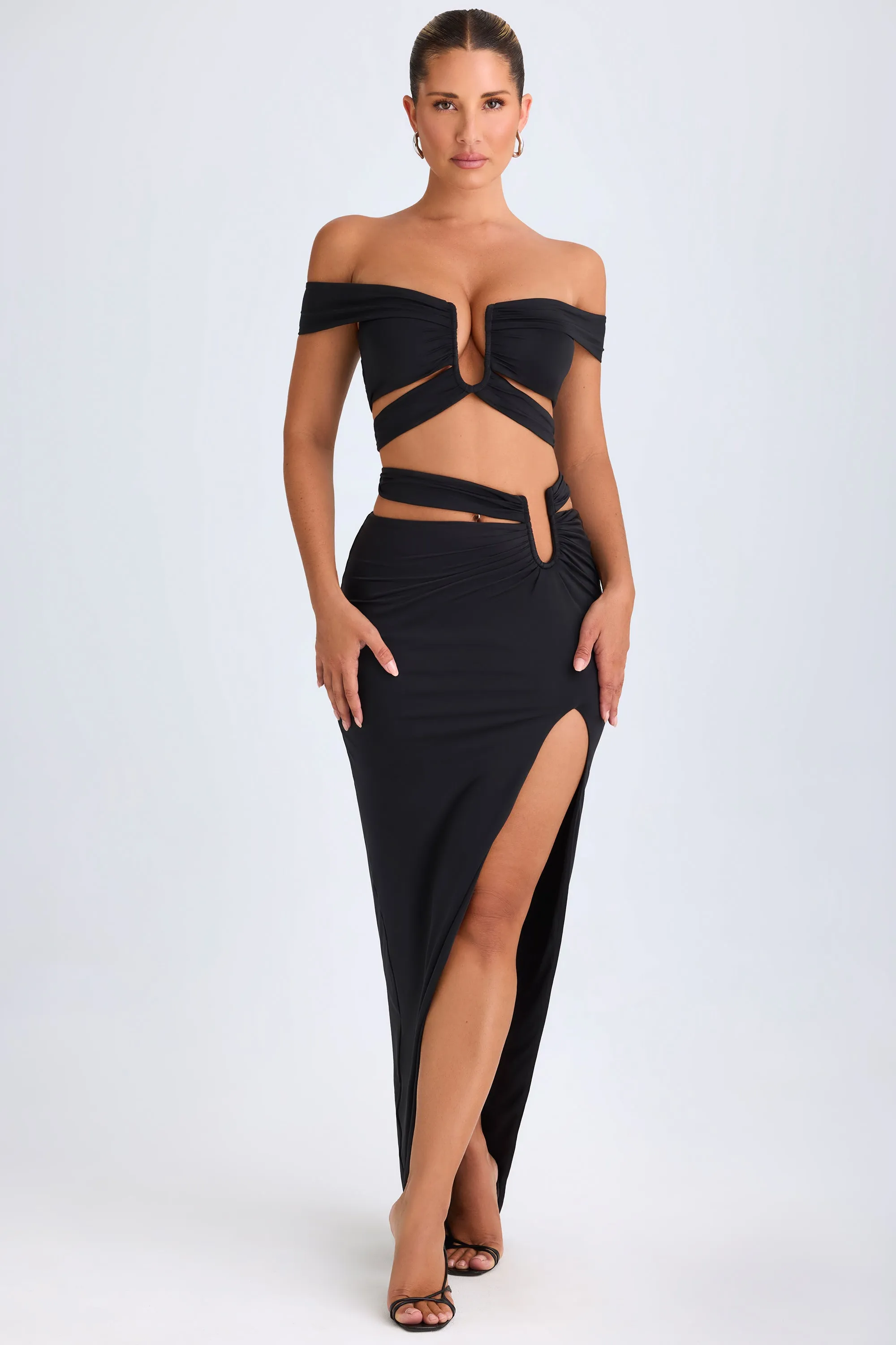 Polka Dot Weekend Favorite Asymmetric Cut-Out Maxi Skirt in Black