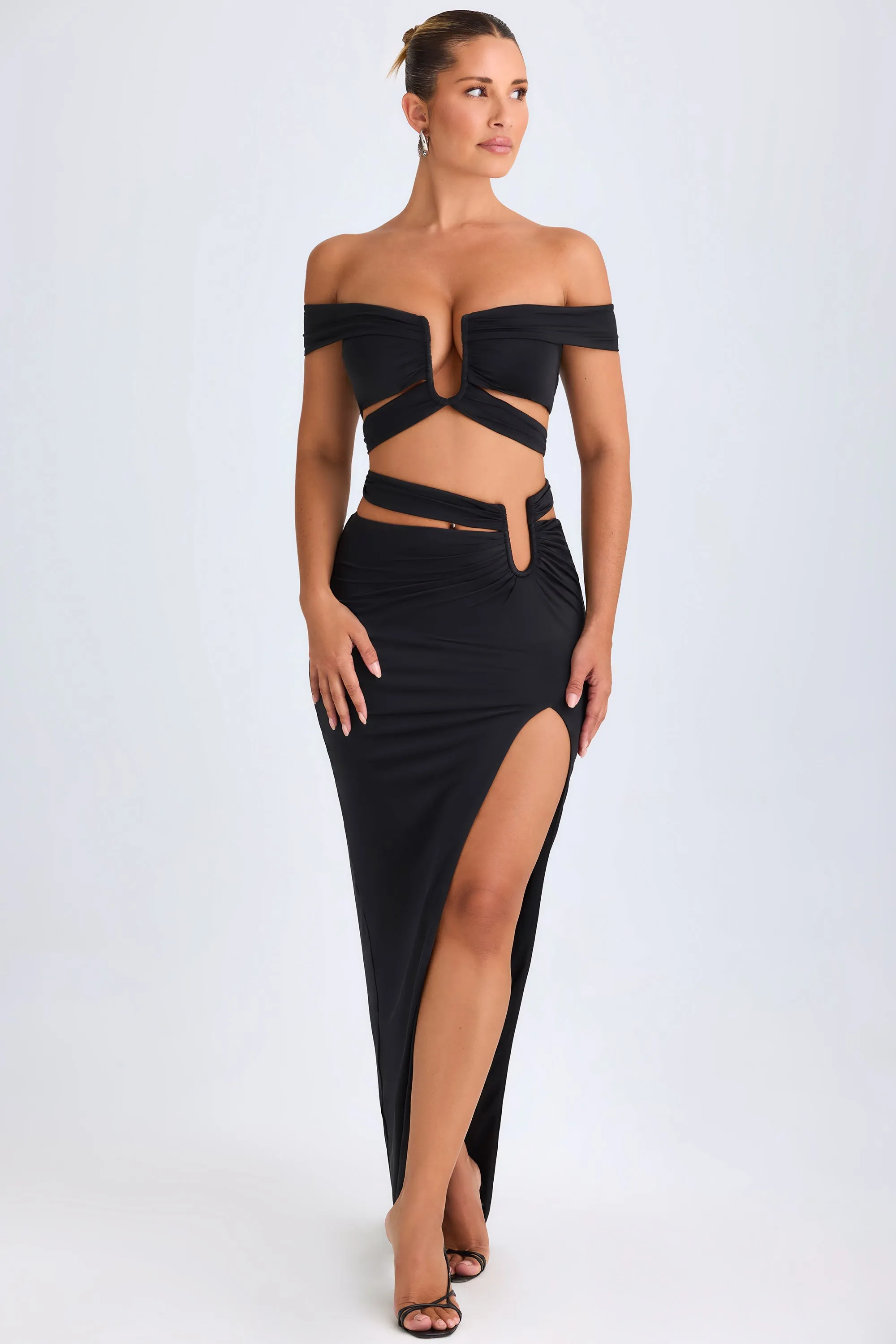 Crossback Strap Comfy Style Asymmetric Cut-Out Maxi Skirt in Black