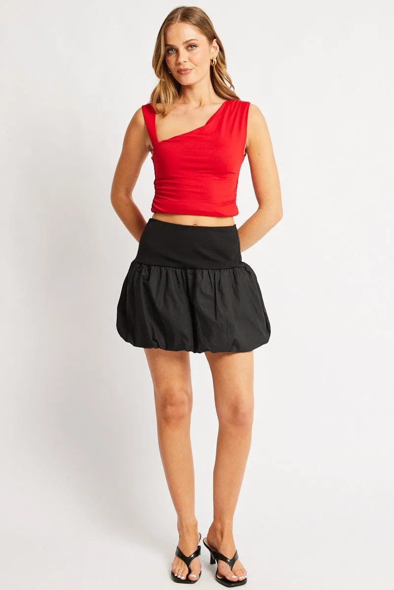 Black Bubble Skirt High Rise Rib Waist Mini Balloon Flexible Motion Curve Friendly