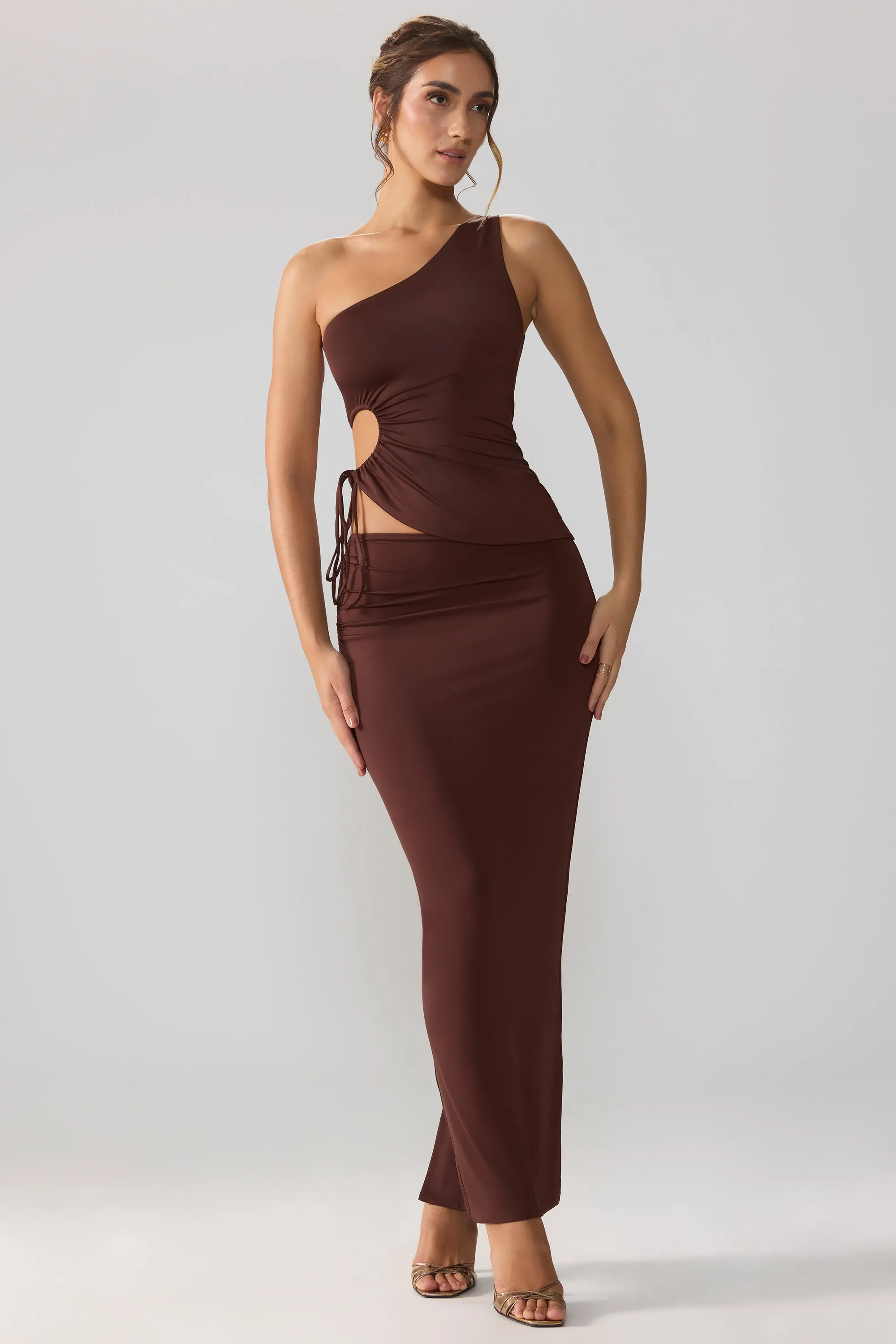 All Day Comfort Slinky Jersey Asymmetric Waist Maxi Skirt in Espresso