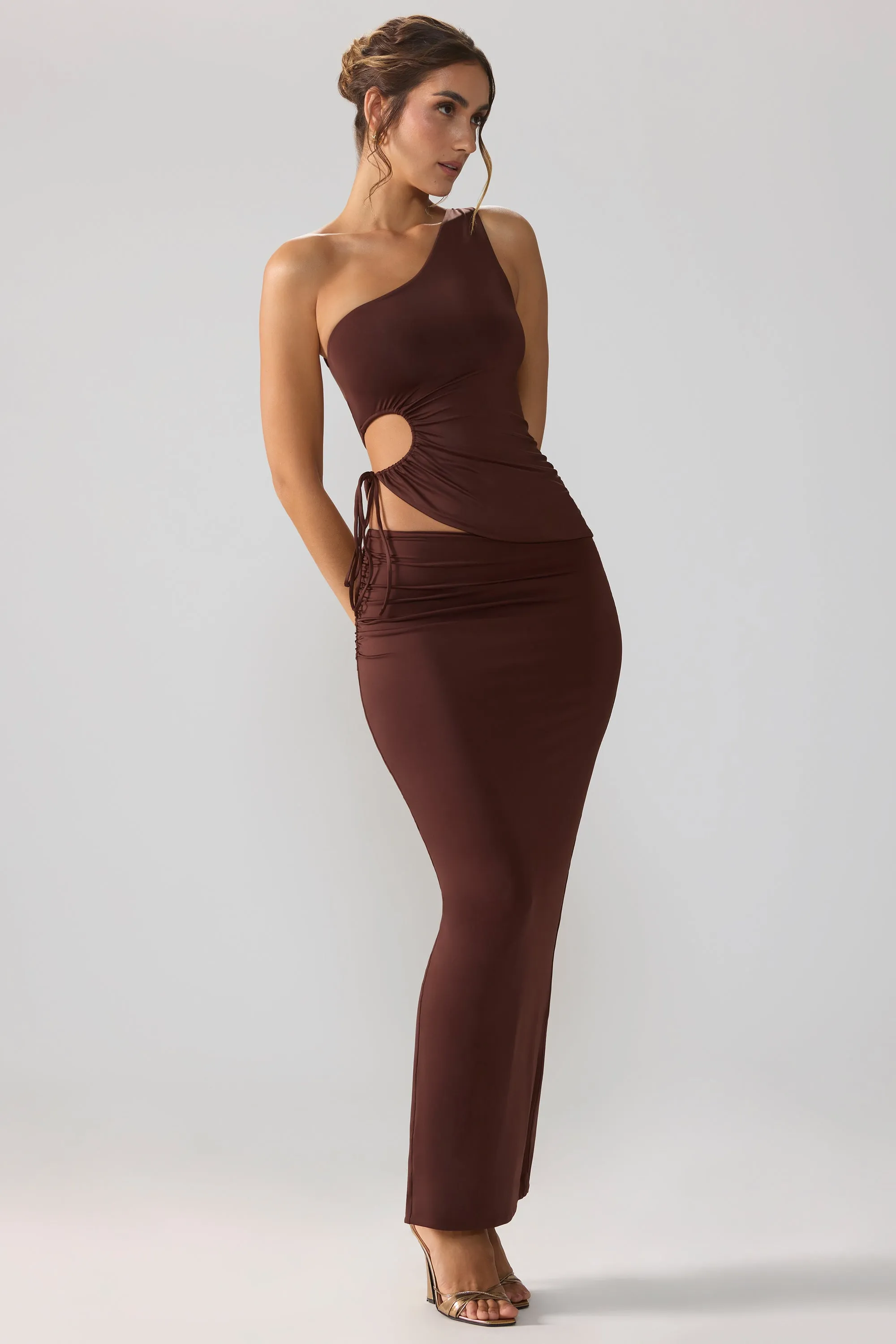 Pleated design Flexible Motion Slinky Jersey Asymmetric Waist Maxi Skirt in Espresso