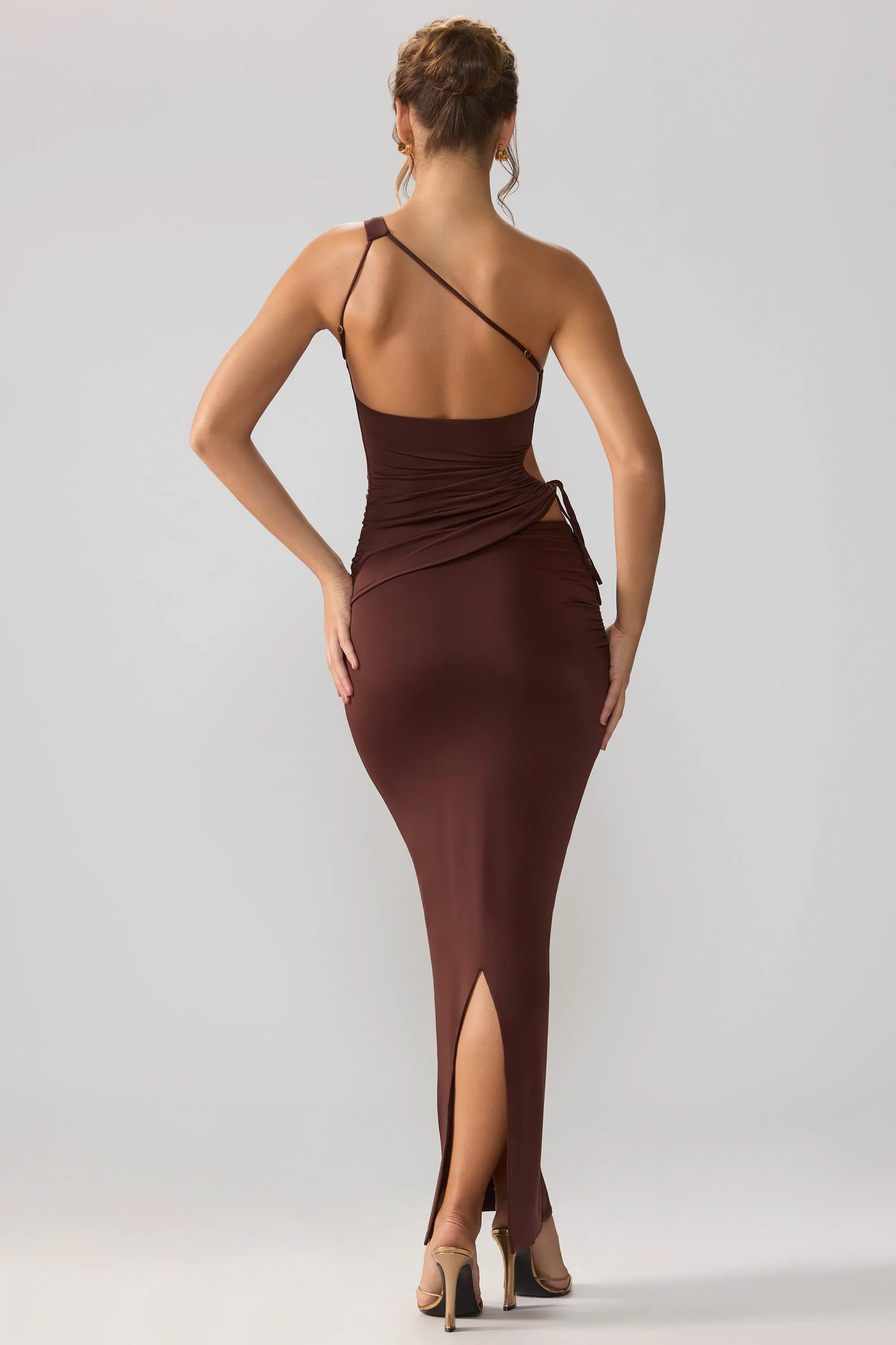 Slinky Jersey Asymmetric Waist Maxi Skirt in Espresso Polished Touch