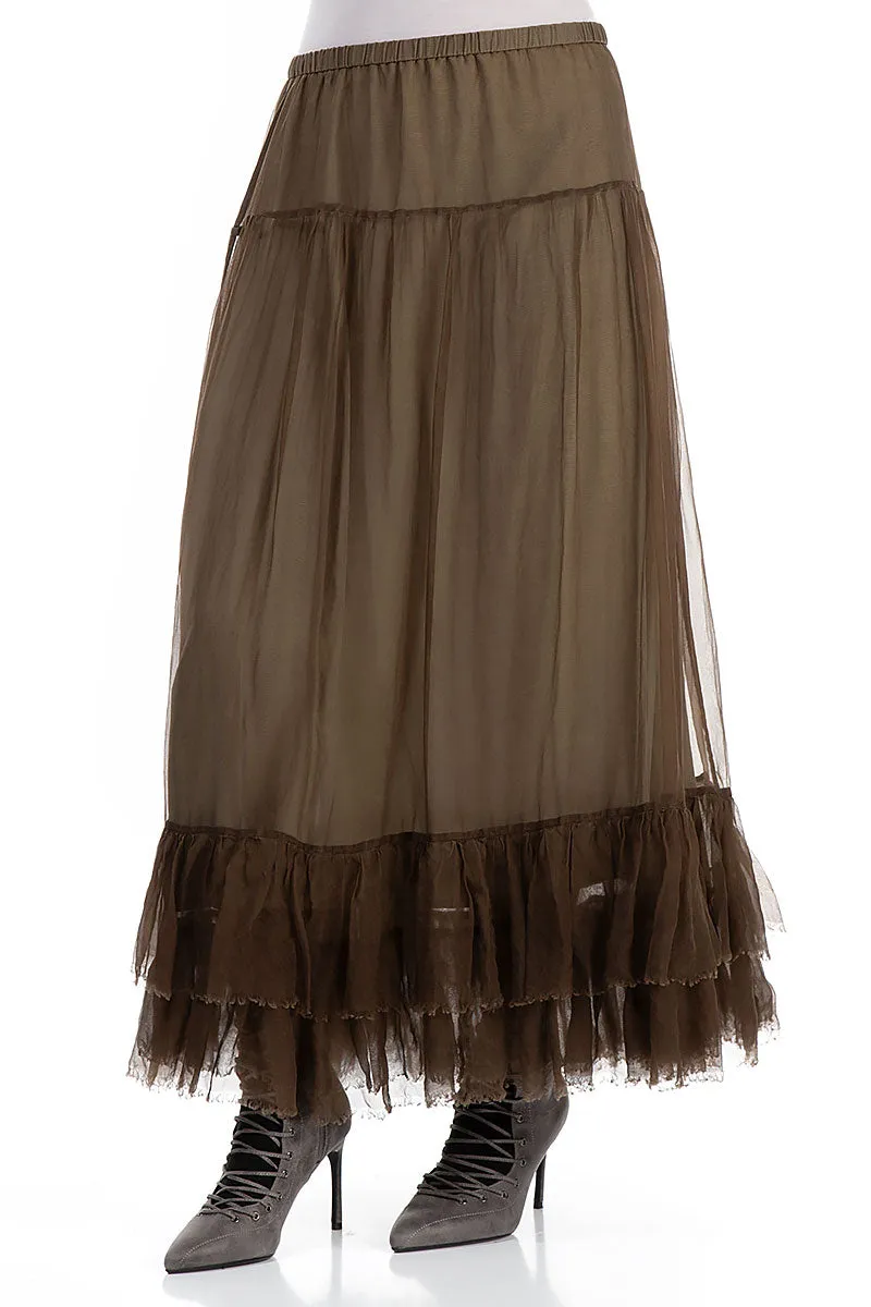 Patchwork Design Ruffled Silver Sage Silk Chiffon Skirt