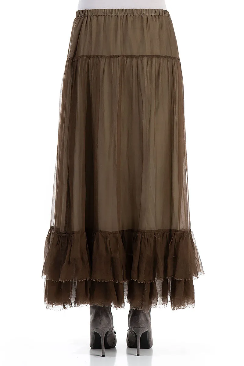 Artisan Print Adjustable Ties Ruffled Silver Sage Silk Chiffon Skirt
