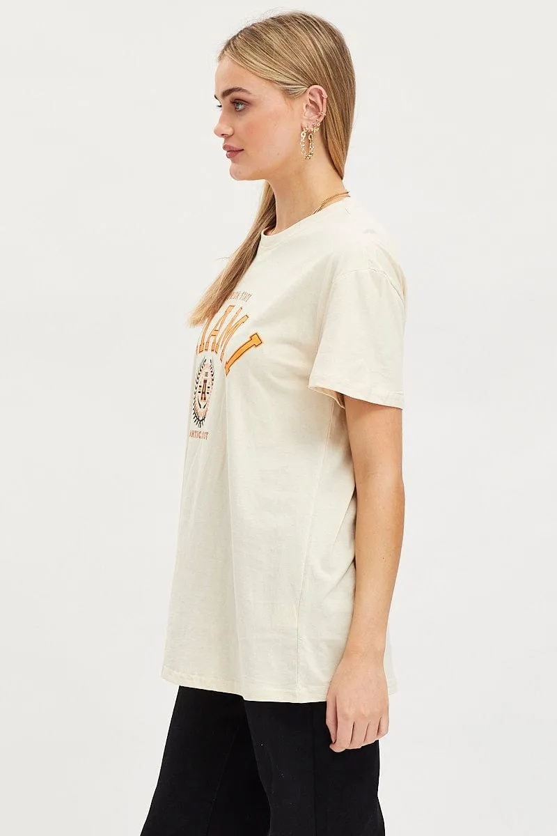 Beige Graphic T-Shirt Short Sleeve Anti Bacterial Treatment Essential Top