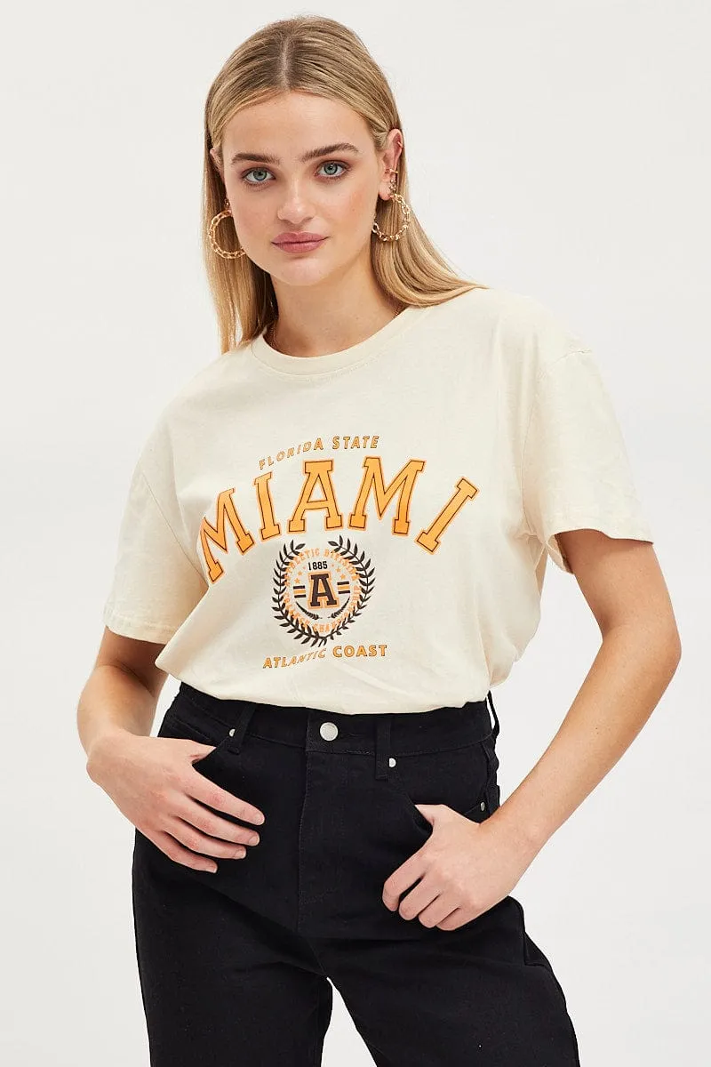 Flexible Collar Beige Graphic T-Shirt Short Sleeve