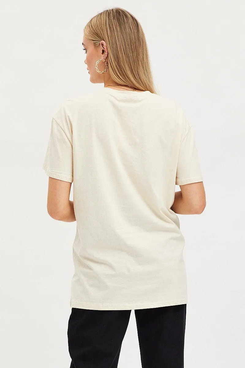 Beige Graphic T-Shirt Short Sleeve Easy Look Fit For All
