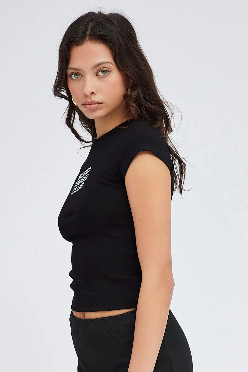 Black Graphic Tee Short sleeve Long Line Low Profile Collar Urban Trend