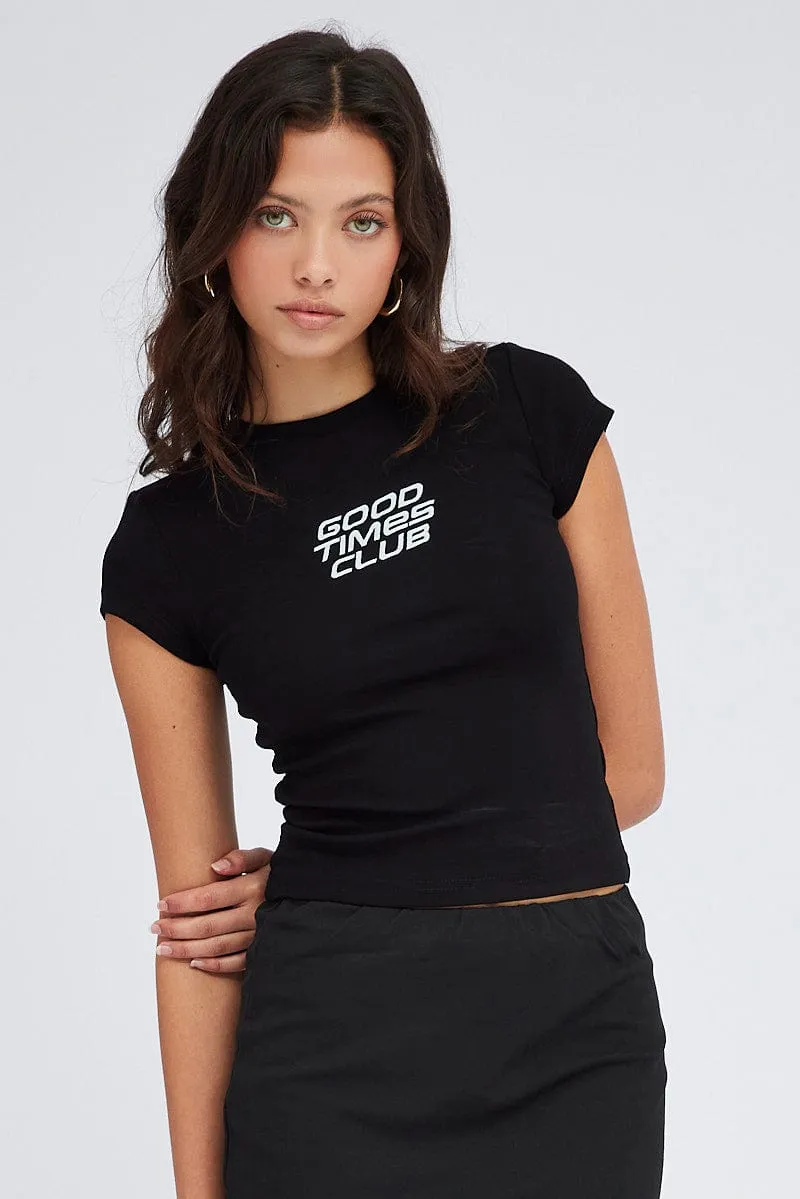 Black Graphic Tee Short sleeve Long Line Comfortable Style Outdoor Light