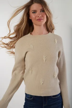 Knitted Layer Wrinkle Free Material Chandail ?? col rond avec perles - SUGAR - (E-B3)
