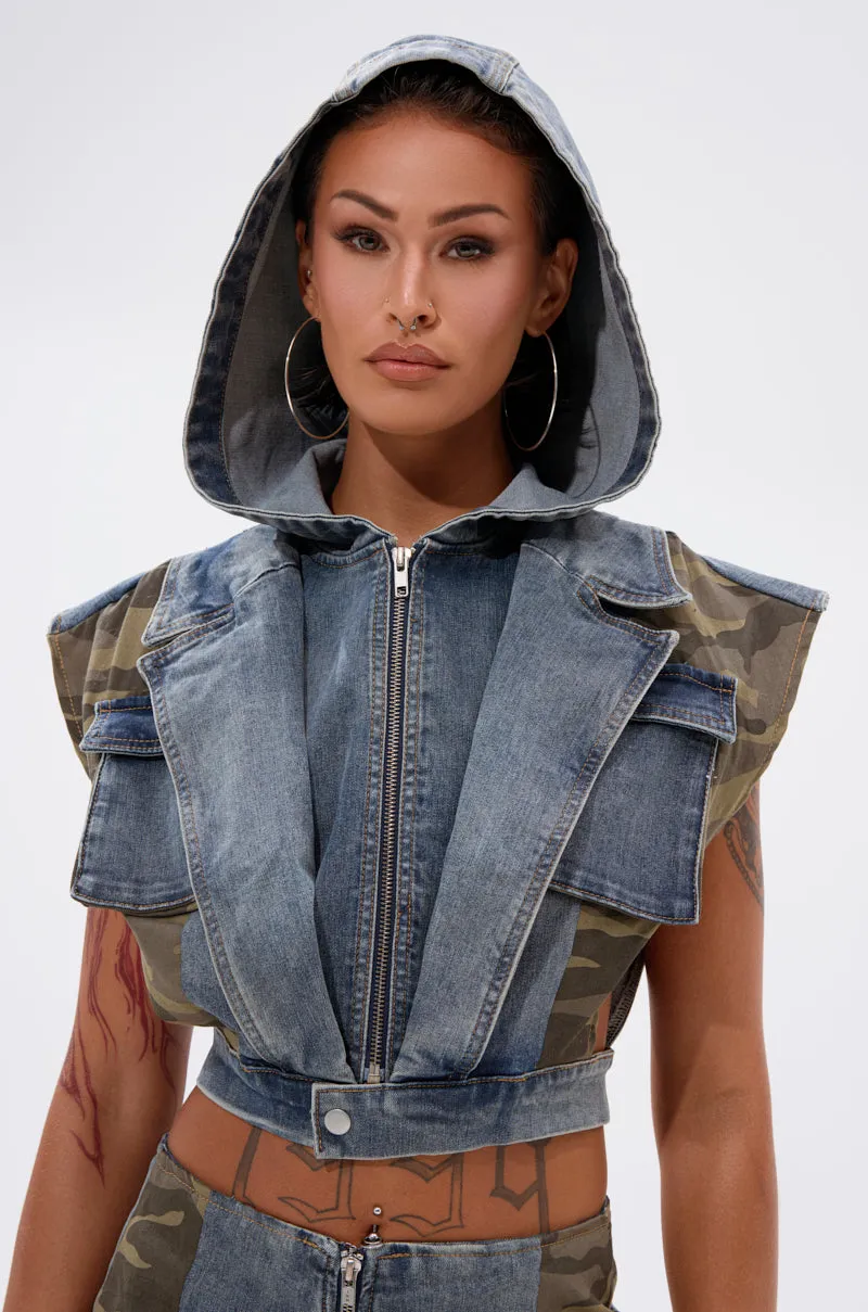 DOWN AND DIRTY DENIM HOODED VEST comfortable for sitting