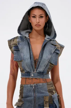 product holiday wearability Daily Staple DOWN AND DIRTY DENIM HOODED VEST