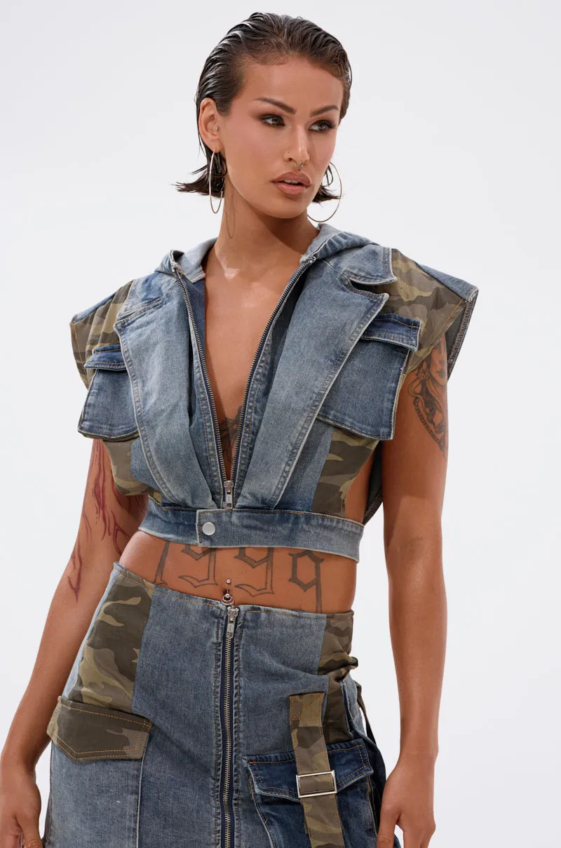Effortless Look product matte sophistication DOWN AND DIRTY DENIM HOODED VEST