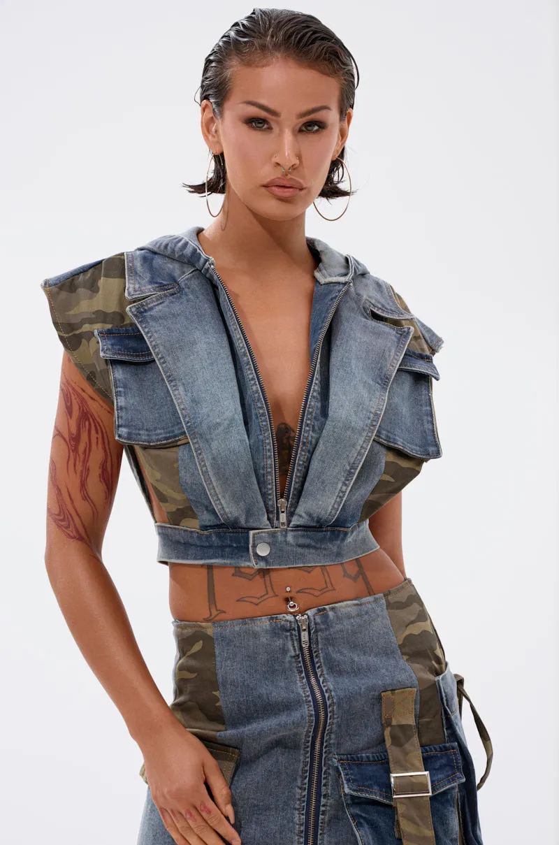 DOWN AND DIRTY DENIM HOODED VEST market demand