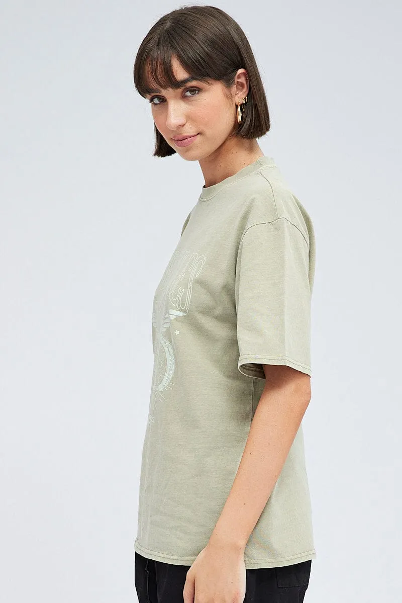 Green Graphic Tee Short Sleeve Round Neck Multi Directional Stretch