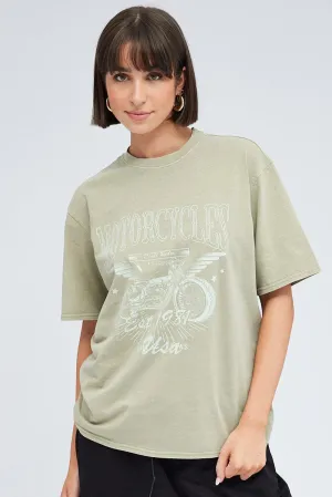 Green Graphic Tee Short Sleeve Round Neck Chilly Weather Style