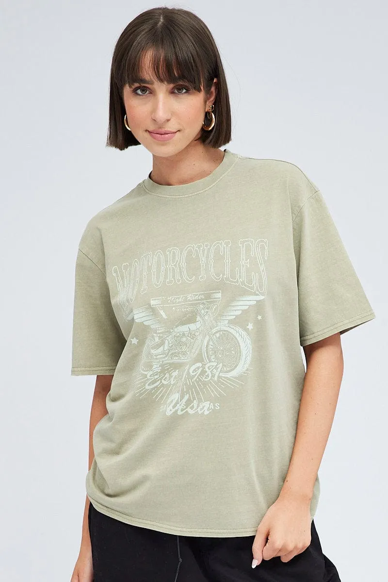 Green Graphic Tee Short Sleeve Round Neck Chilly Weather Style