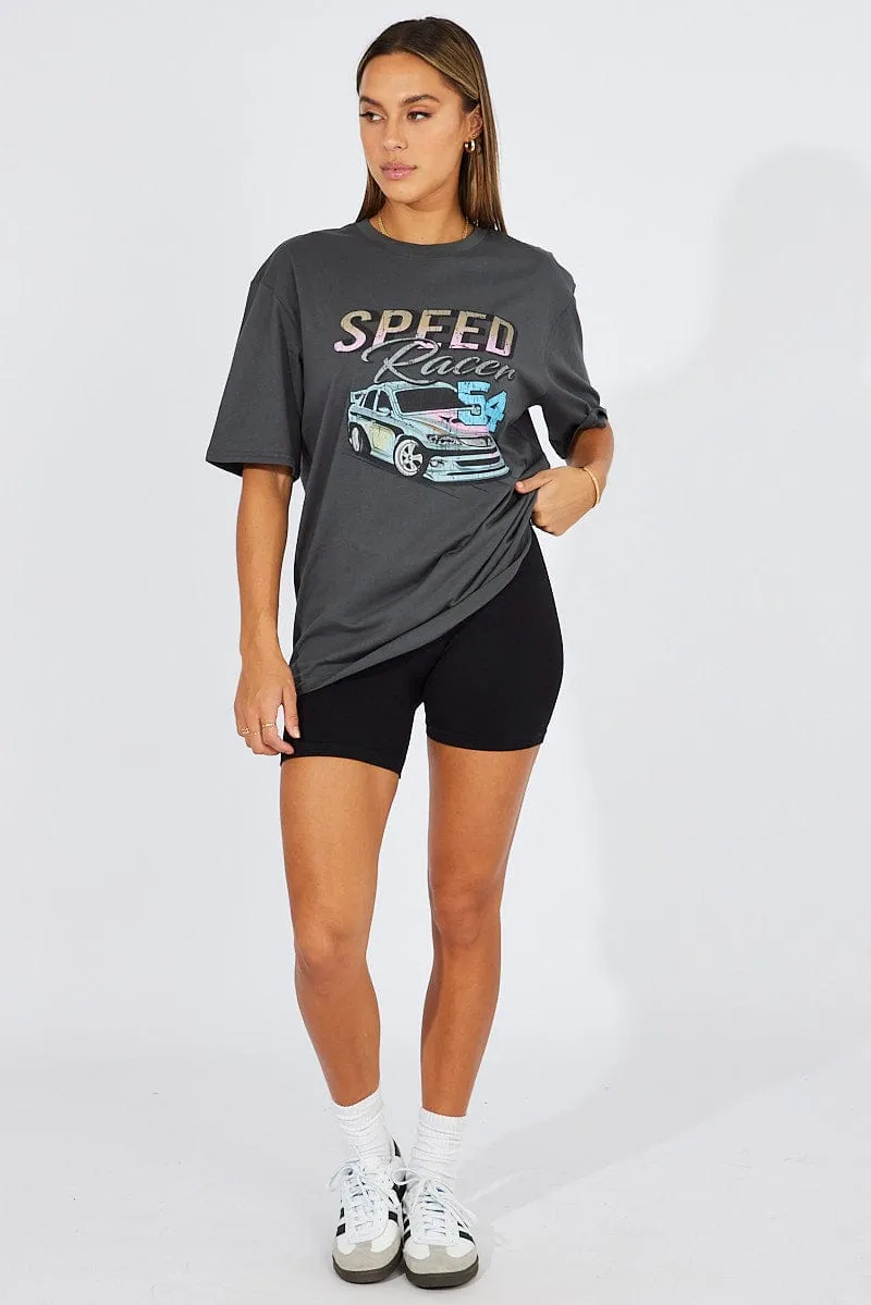 Eco Friendly Material Breathable knit Grey Graphic Tee Short Sleeve