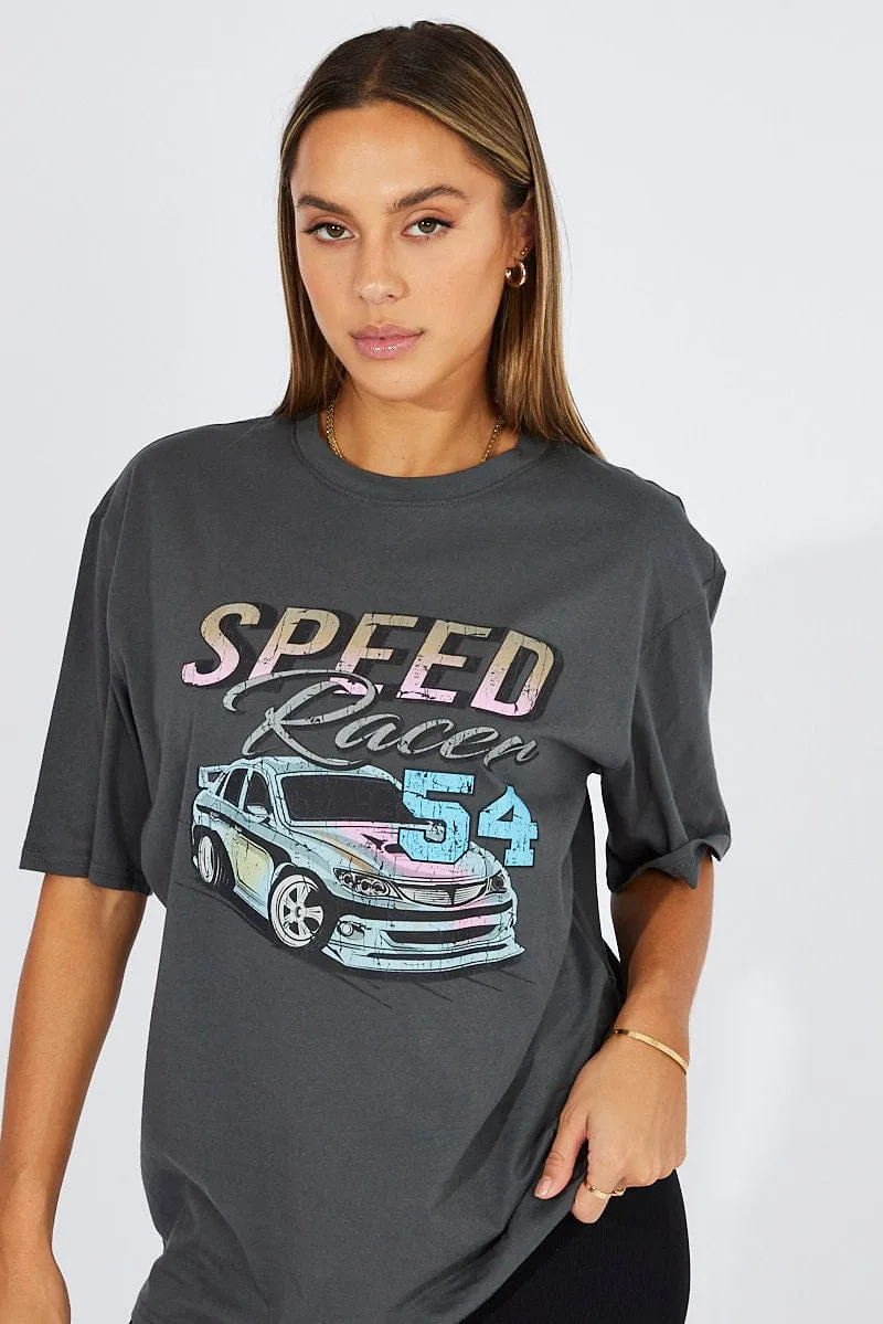 Grey Graphic Tee Short Sleeve Durable Knitwear