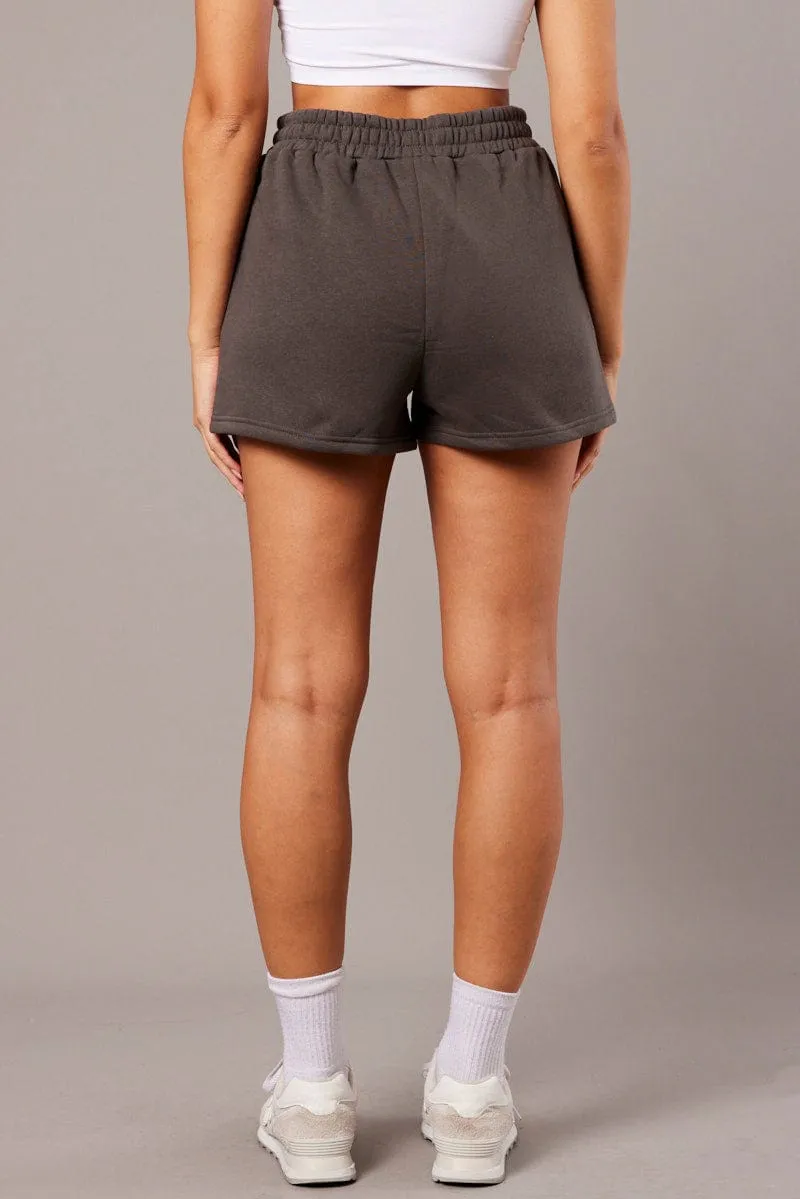 Grey Track Shorts High Rise Elastic Waist yoga clothing Tailored Fit