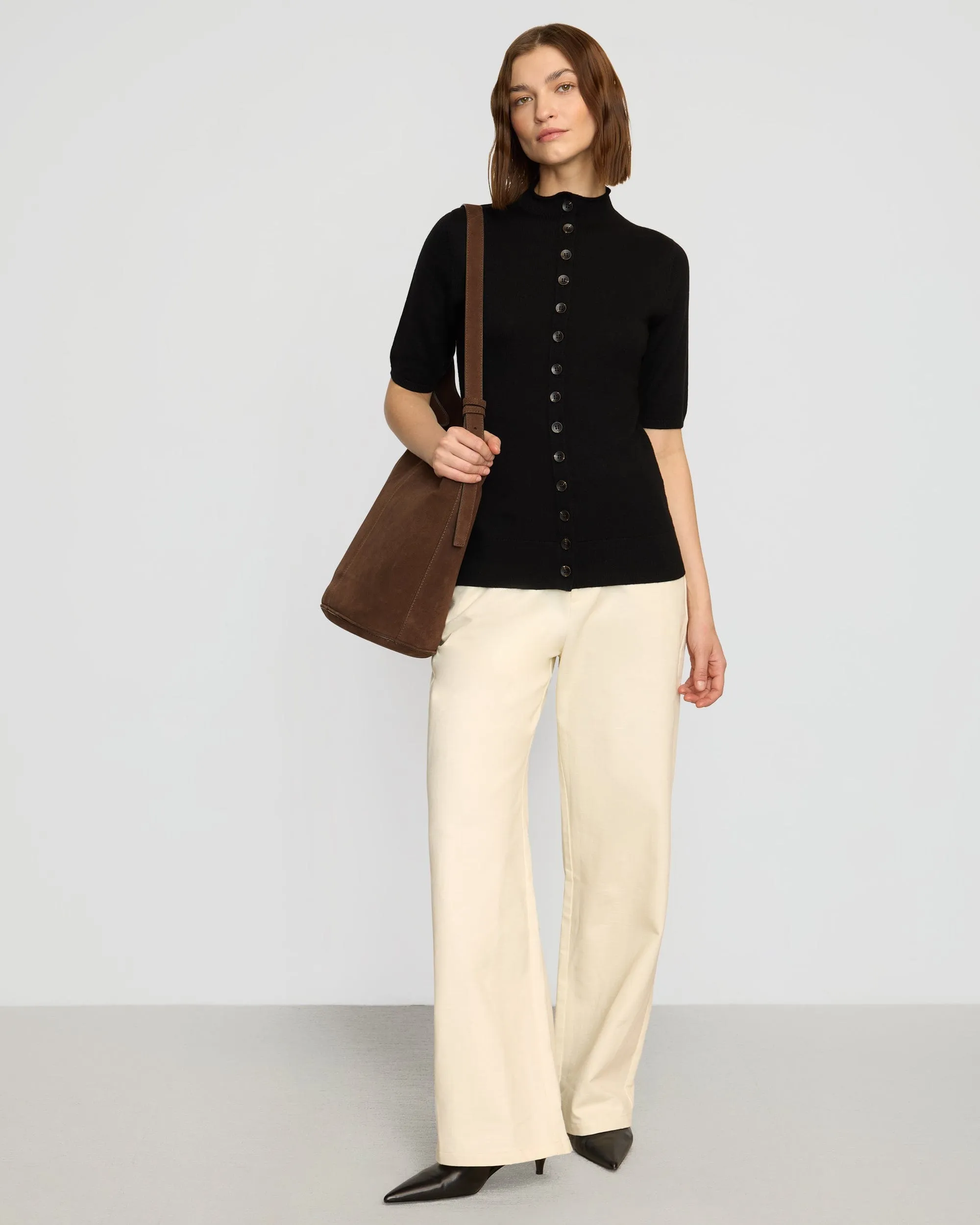 Abrasion Resistant Edging Sleek Knit Charlotte Wool Button Short-Sleeve Sweater