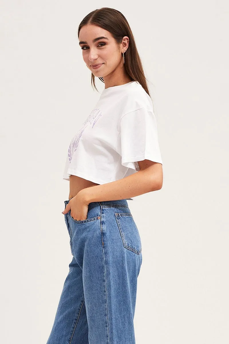Fur combination White Crew Cropped Graphic T-Shirt