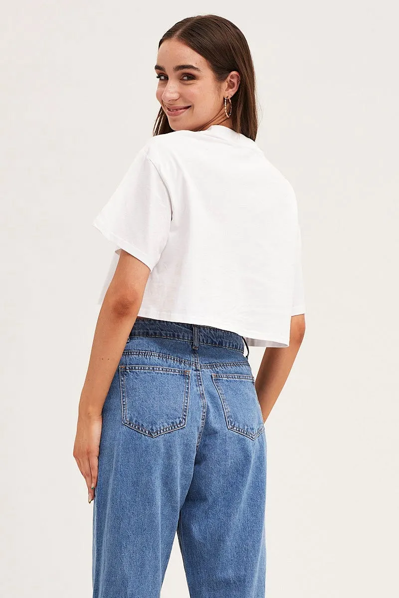 White Crew Cropped Graphic T-Shirt Formal Style Non Irritating Seams