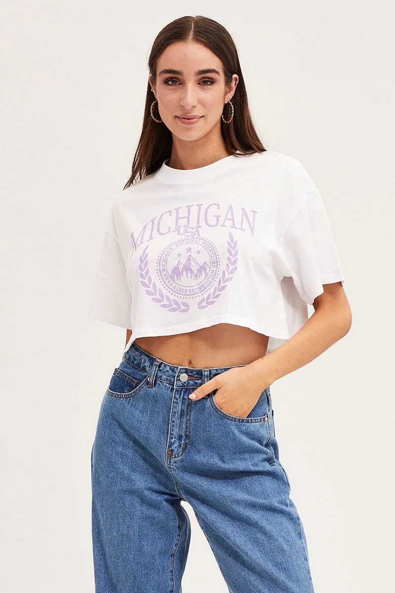 White Crew Cropped Graphic T-Shirt Garment Dyed Technique