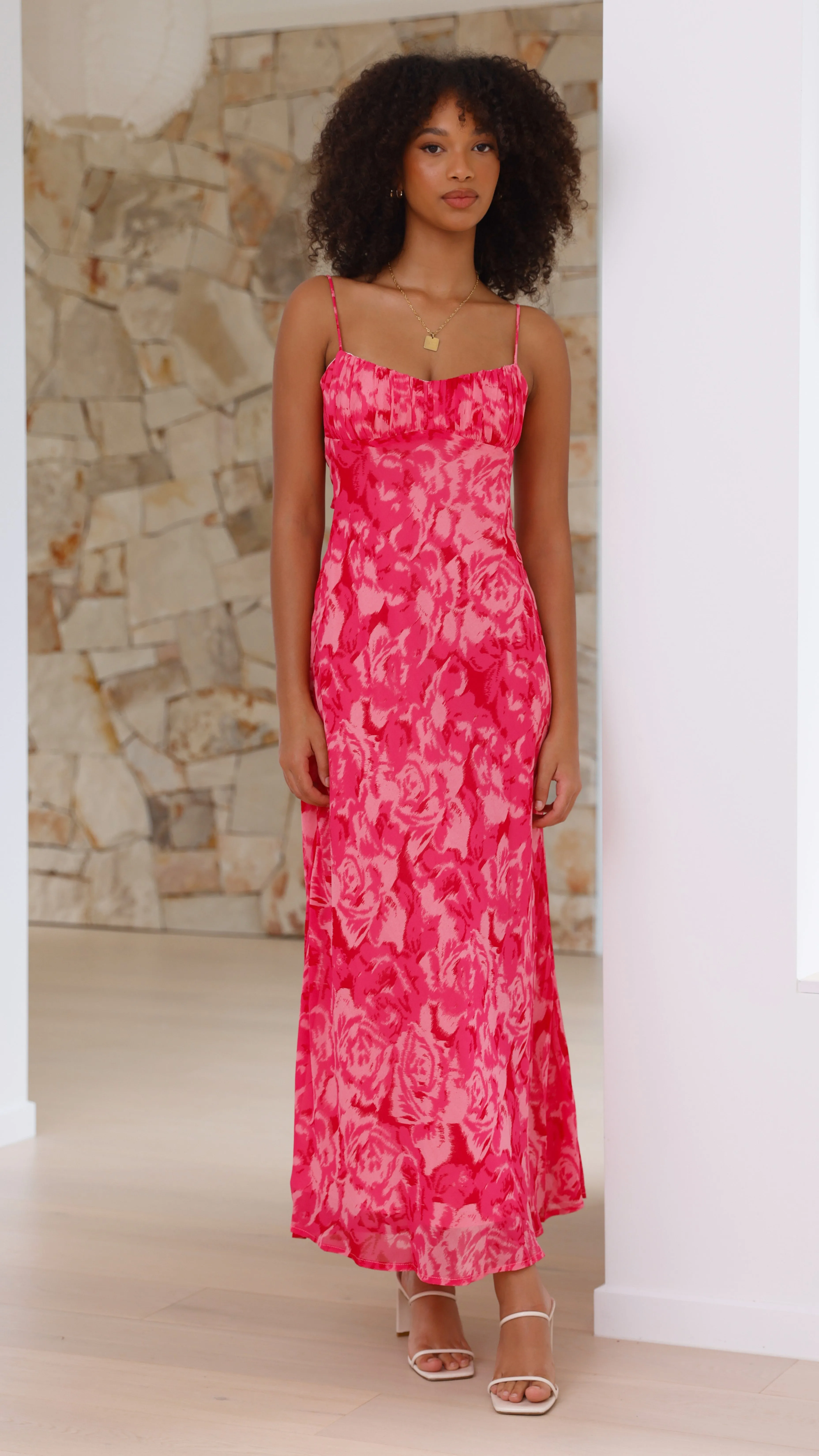 Margie Midi Dress - Pink Floral All Season Wear Petal Drift