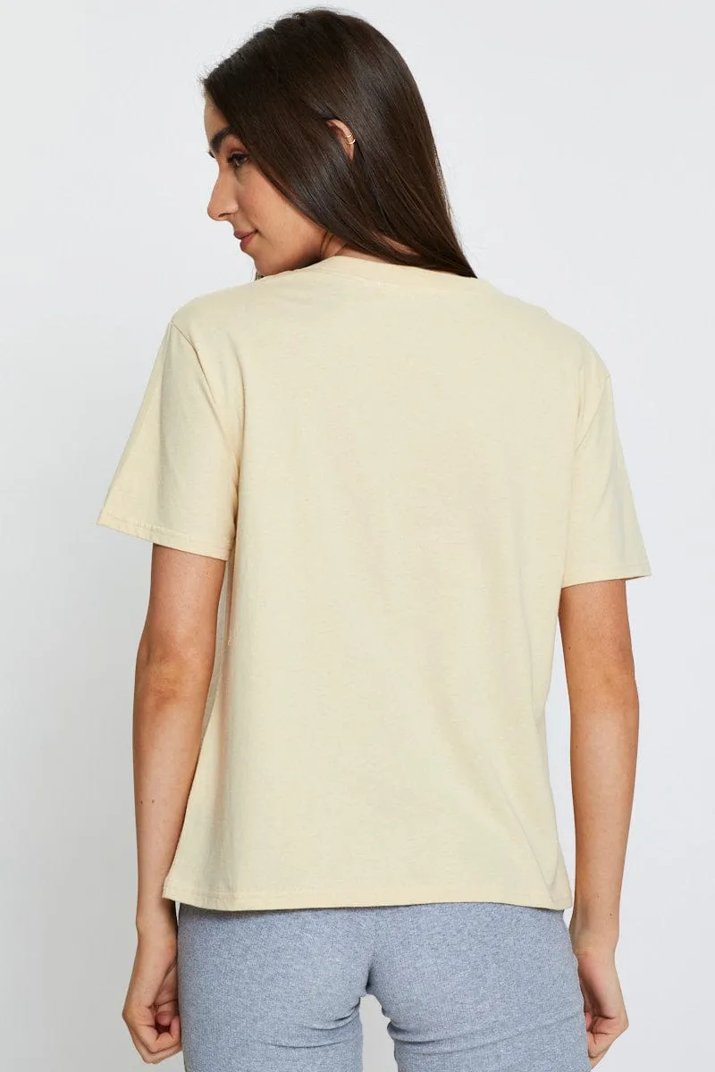 Beige Graphic T-Shirt Short Sleeve Trendy Design Cozy Style