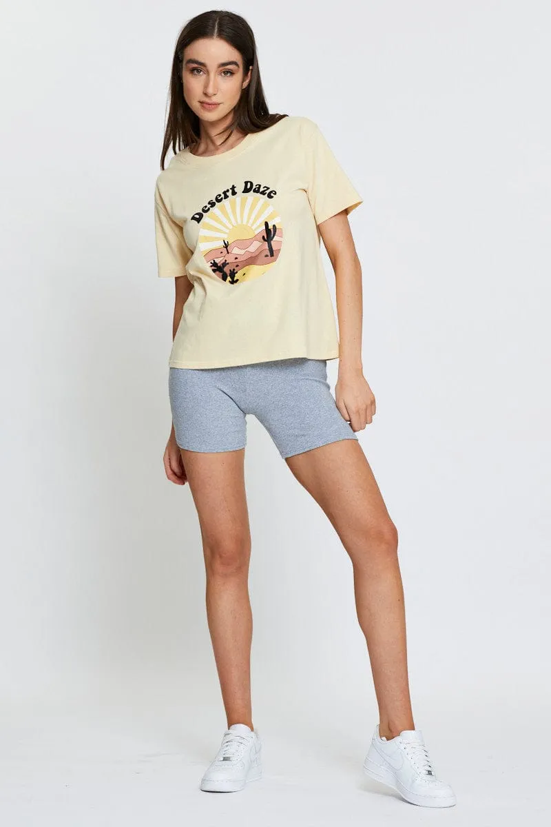 Comfortable Sweater DoubleLayered Structure Beige Graphic T-Shirt Short Sleeve