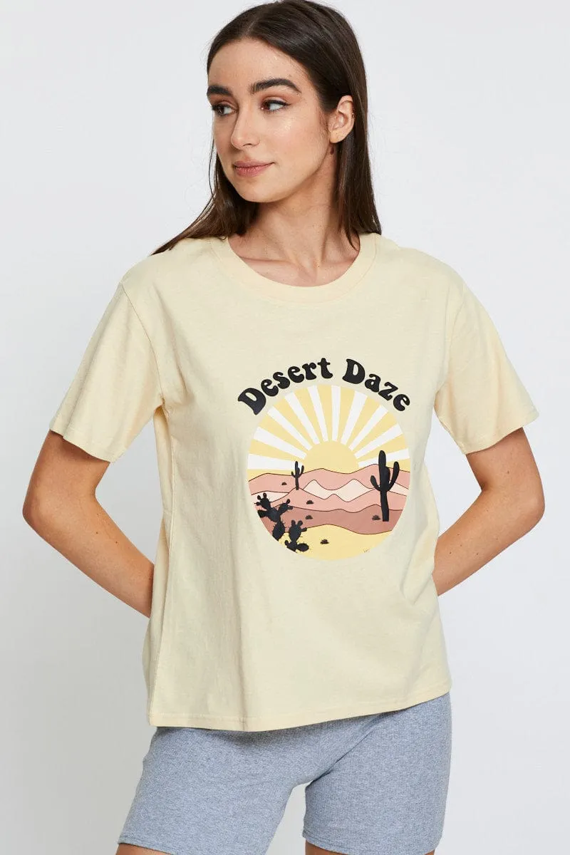 Beige Graphic T-Shirt Short Sleeve Soft Inner Lining