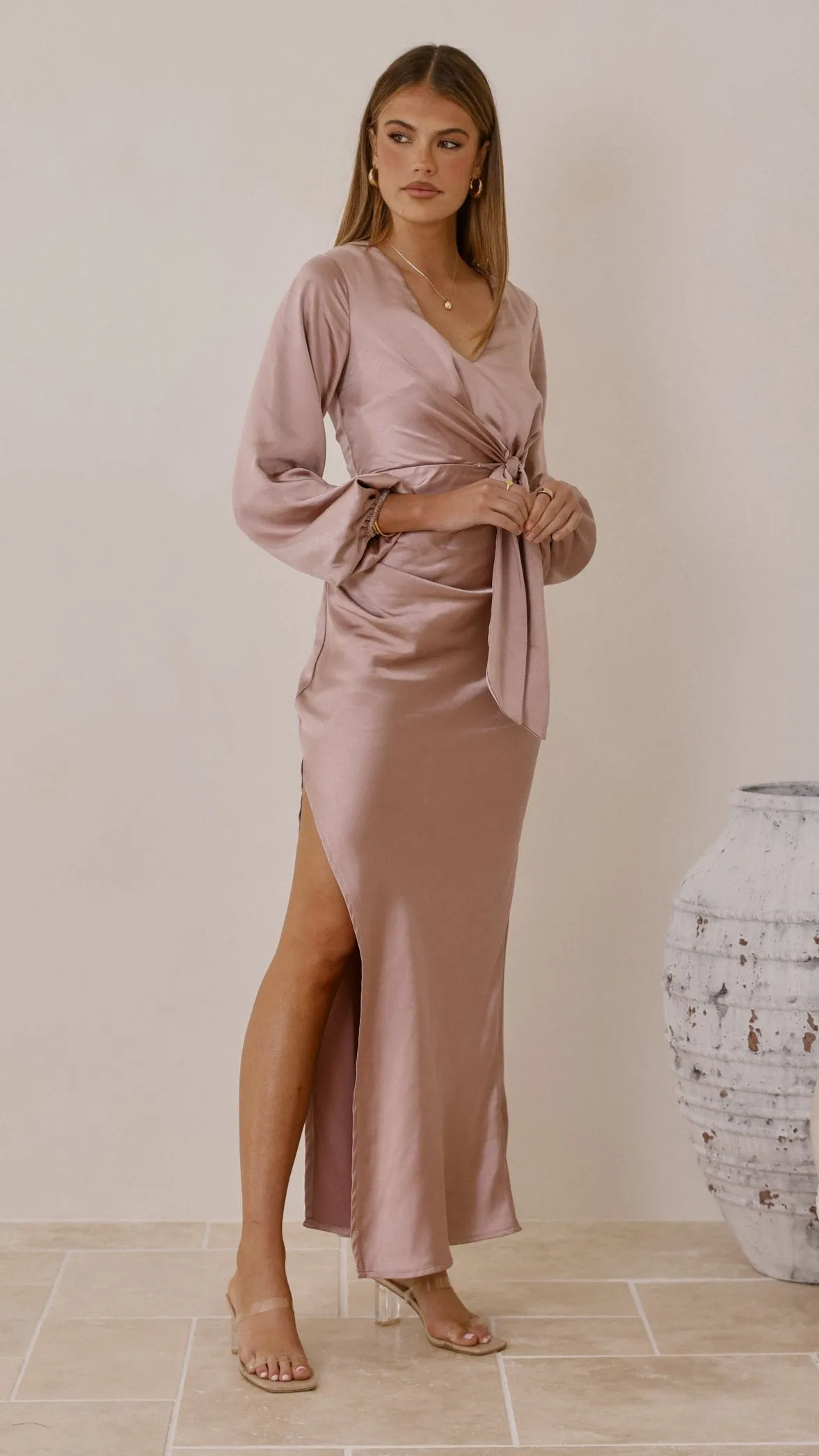 Ivy Long Sleeve Tie Front Maxi Dress - Dusty Pink Topaz Glow