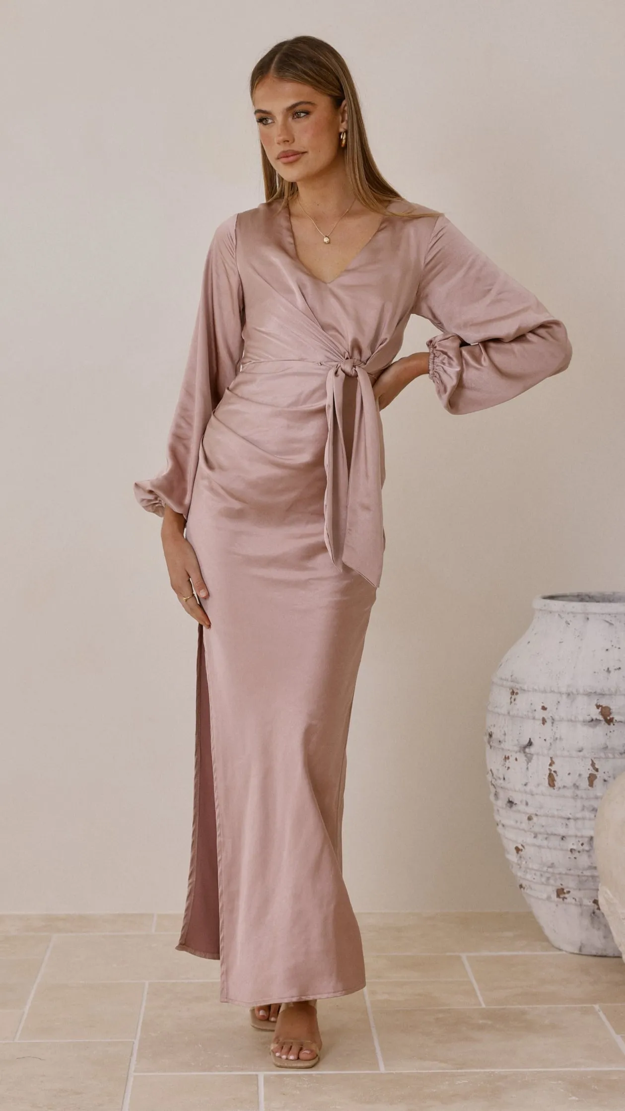 Ivy Long Sleeve Tie Front Maxi Dress - Dusty Pink Day-to-evening wear