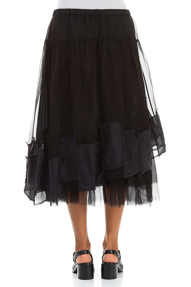 Patch D??cor Black Silk Chiffon Skirt Relaxed Feel