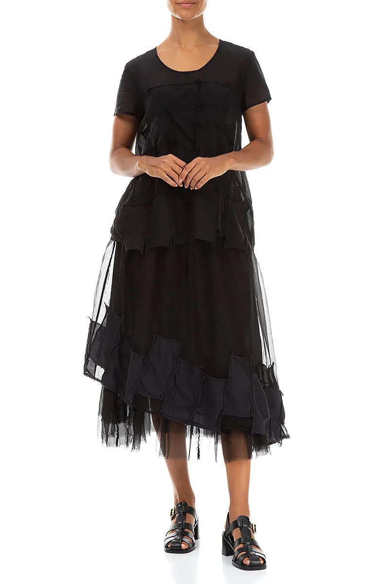 Patch D??cor Black Silk Chiffon Skirt Versatile Fit Creative Fashion