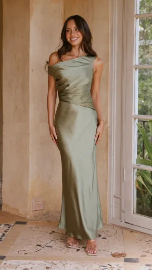 Auria Off Shoulder Maxi Dress - Olive Day-to-evening wear Crystal Glow