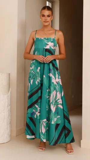 The versatile design of this maxi dress makes it perfect for a variety of occasions Clay Glow Kaethe Maxi Dress - Green/Pink