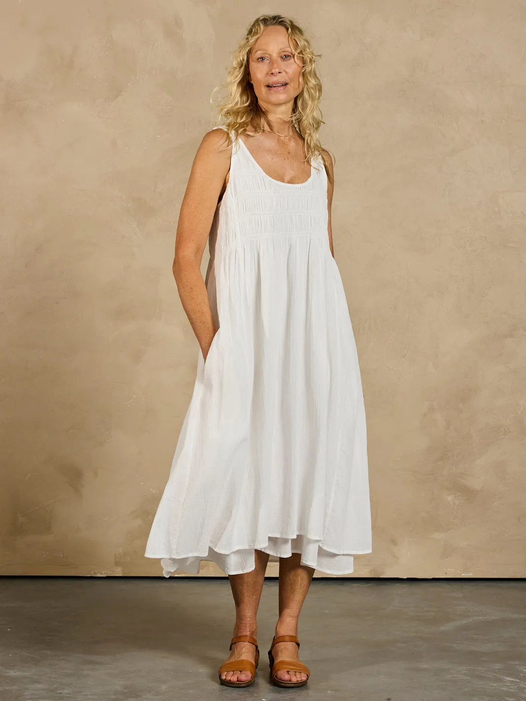Comfortable Cut Korean Soft Del Monte Midi Cotton Dress Coconut