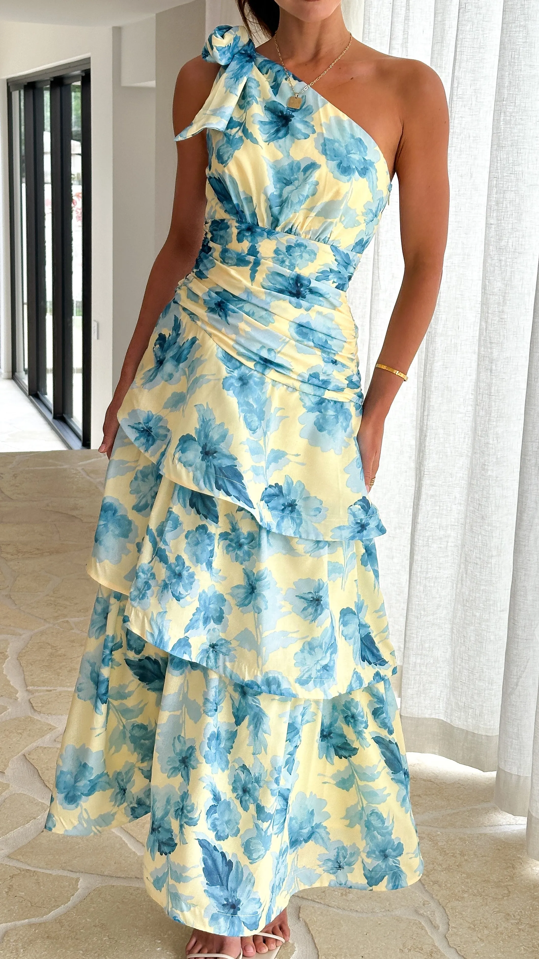 Odilie One Shoulder Maxi Dress - Yellow/Blue Floral With its comfortable fit this dress is perfect for all-day wear while maintaining an elegant appearance Ocean Breeze