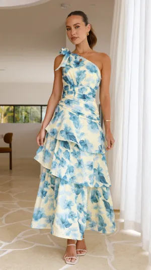 Odilie One Shoulder Maxi Dress - Yellow/Blue Floral Flowing chiffon dress Gold Shine
