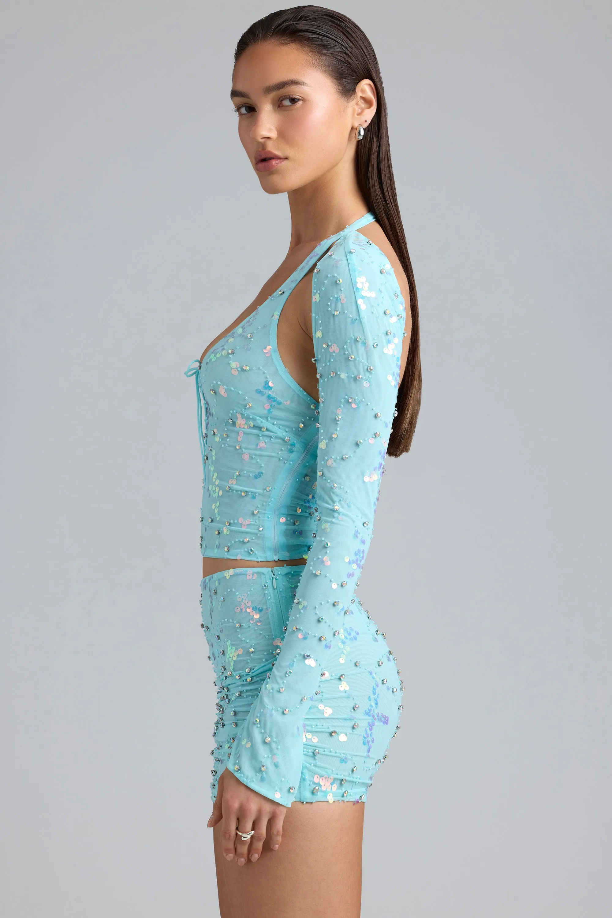Sturdy Waistband Outfit Moodboard Ruched Mid-Rise Micro Mini Skirt in Ice Blue