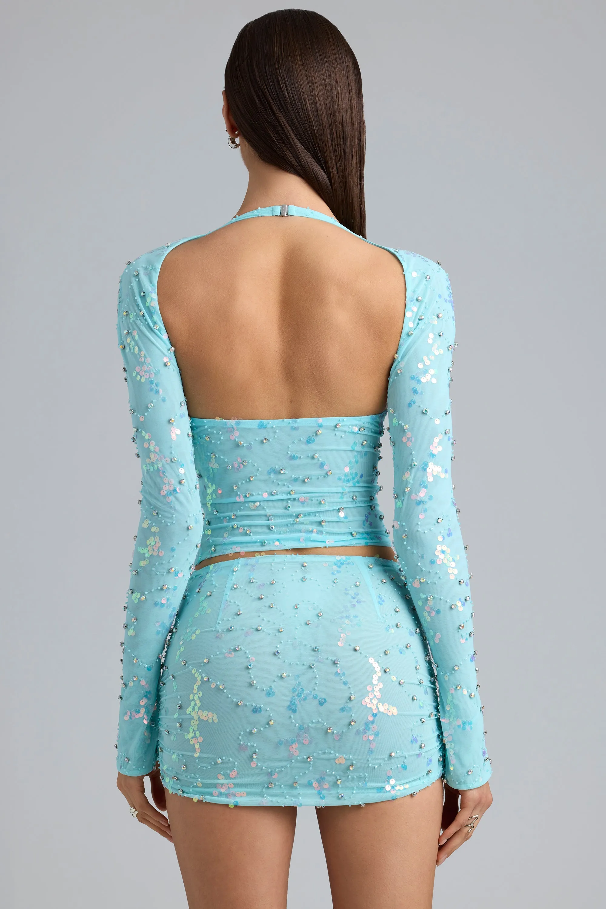 Ruched Mid-Rise Micro Mini Skirt in Ice Blue Earth Tones Foil Print