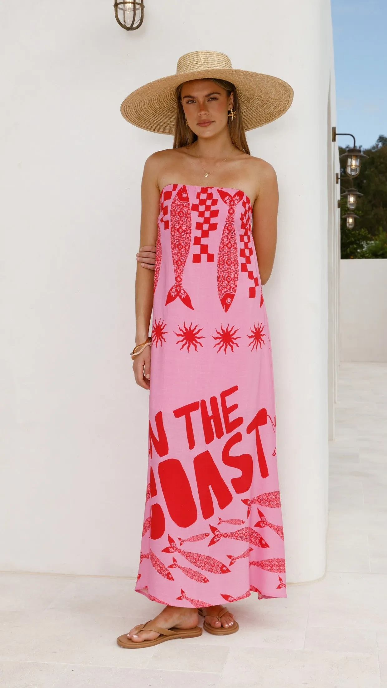 Elidie Strapless Maxi Dress - Pink/Red Tide Soft fabric maxi gown Love Mood